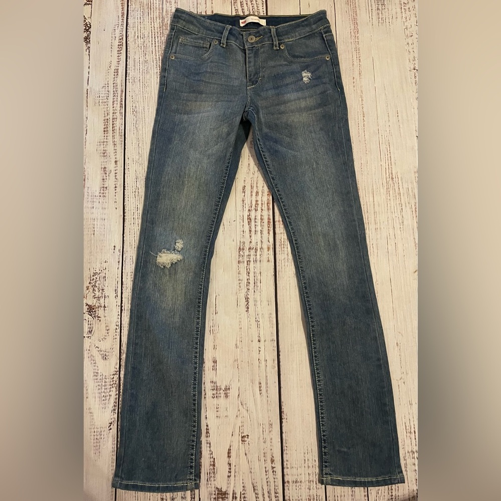 New Levi’s 711 Skinny Jeans Girls Distressed Medium Wash Denim Pants size 14